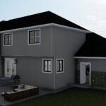 Plan 288-0267 Rear view of a modern two-story home with stone accents
