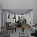 Plan 288-0267 interior view of living and dining area with staircase