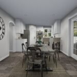 Plan 288-0267 dining room with large table and French doors to outside