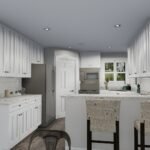 Plan 288-0267 kitchen with white cabinets and island seating