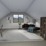 Plan 288-0267 attic living space with desk, couch, and large windows