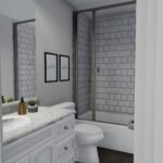 Plan 288-0267 bathroom with shower, vanity, and modern tile accents