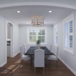 Plan 288-0268 dining room with large windows and modern chandelier