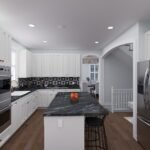 Plan 288-0268 kitchen with dark countertop and white cabinetry