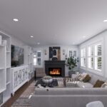 Plan 288-0268 living room with fireplace and built-in shelves