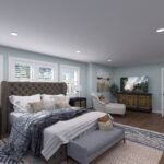 Plan 288-0268 primary bedroom with large windows and cozy seating area