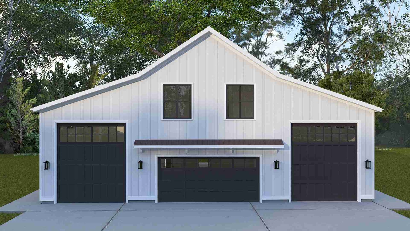 Plan 288-0088 Front view of a modern white farmhouse with three garages