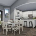Plan 288-0151 kitchen with island and dining area, large windows