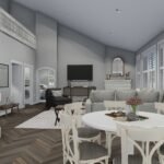 Plan 288-0151 open living and dining area with high ceilings and stairs