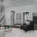 Plan 288-0151 interior view of living room with staircase and large windows