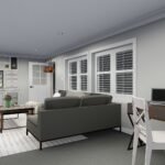 Plan 288-0151 living room with large windows and built-in cabinetry