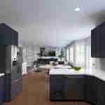 Plan 288-0099 kitchen with dark cabinets and open living space