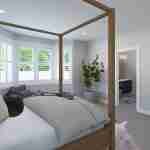 Plan 288-0099 primary bedroom with large windows and canopy bed