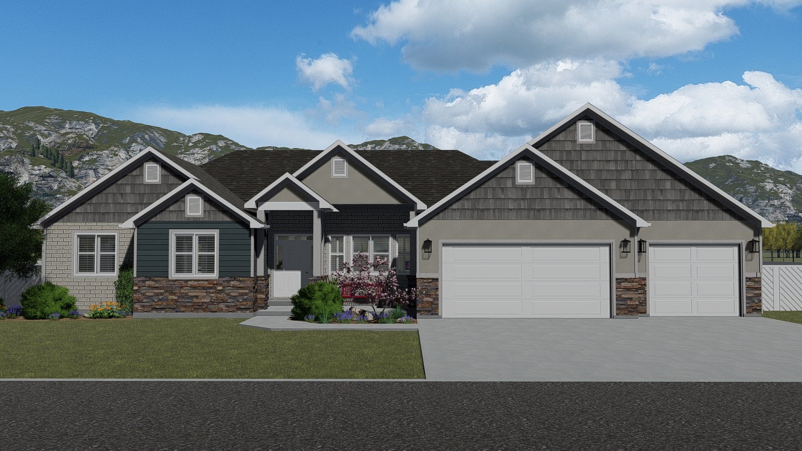 Plan 288-0155 Front view with stone accents and dual garage doors