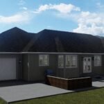 Plan 288-0155 Front view of a modern home with a gable roof and patio