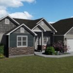 Plan 288-0155 Front view with gable roof, stone accents, and garage