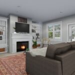 Plan 288-0155 living room with fireplace and built-in shelves