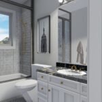 Plan 288-0155 modern bathroom with shower, window, and dark countertop