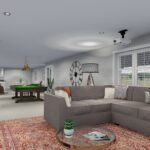 Plan 288-0155 interior view of a living room with sectional sofa and pool