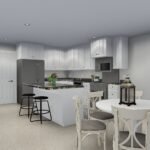 Plan 288-0155 kitchen with island, dining area, and modern cabinetry