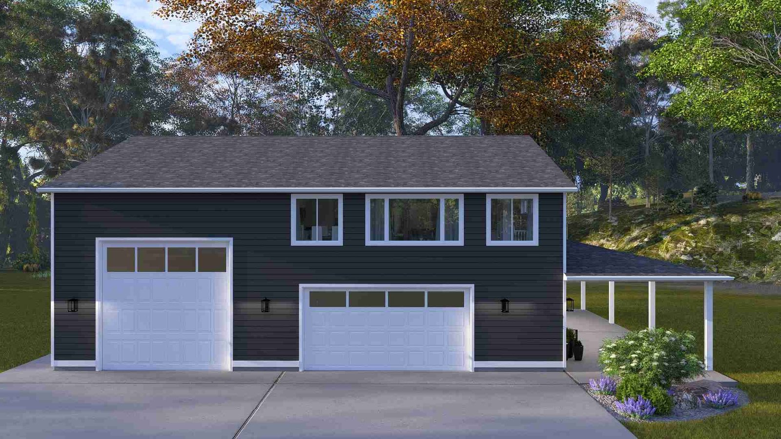 Plan 288-0090 Front view of a two-car garage with modern siding