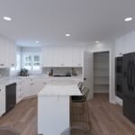 Plan 288-0270 kitchen with island, white cabinetry, and black appliances