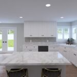 Plan 288-0270 kitchen with island and white cabinetry, large windows