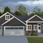 Plan 288-0240 Front view of a modern home with dual garages and porch