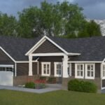Plan 288-0240 Front right view with porch and dual garage doors