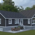 Plan 288-0240 Rear view of a modern home with outdoor seating area