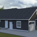 Plan 288-0240 Front right view of a modern home with dual garages