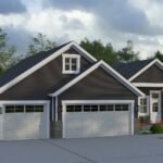 Plan 288-0240 Front view of a modern home with dual garages and stone