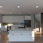 Plan 288-0240 kitchen with island and spiral staircase in background