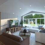 Plan 288-0240 interior view of a living room with vaulted ceiling and