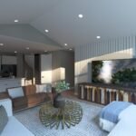 Plan 288-0240 interior view of a modern living room with vaulted ceiling