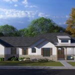 Plan 288-0242 Front view of a modern home with stone accents and porch