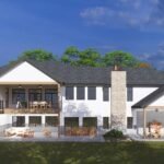 Plan 288-0242 rear view with large patio and stone chimney
