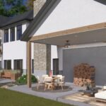 Plan 288-0242 rear view with outdoor seating and fireplace area