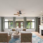 Plan 288-0242 living room with fireplace and large windows