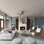 Plan 288-0242 living room with fireplace and large windows