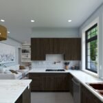 Plan 288-0242 kitchen with island, large windows, and modern cabinetry