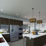 Plan 288-0242 kitchen with island, dark cabinetry, and large windows