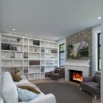 Plan 288-0242 living room with built-in shelves and fireplace