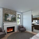 Plan 288-0242 living room with stone fireplace and large windows