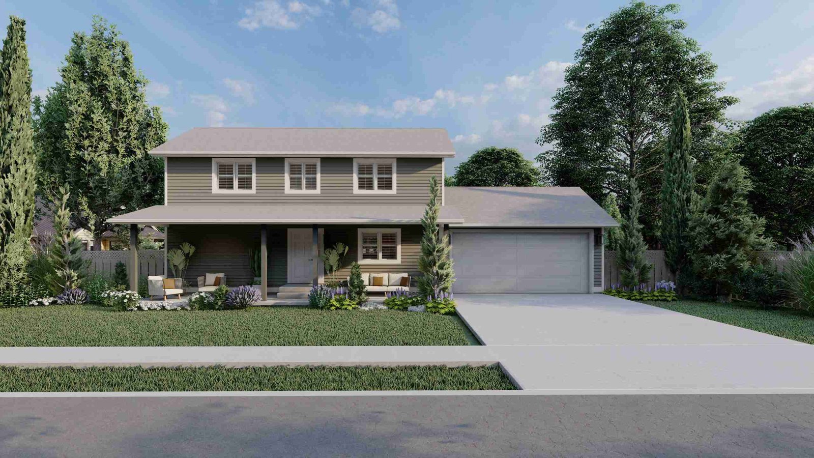 Plan 288-0091 Front view of a two-story home with a porch and garage