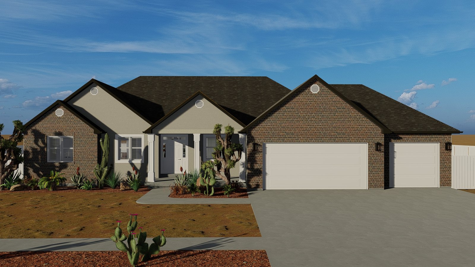 Plan 288-0171 Front view of a brick home with two garages and landscaping