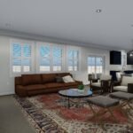 Plan 288-0171 open living area with large windows and modern furnishings
