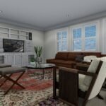 Plan 288-0171 living room with large windows and modern furnishings