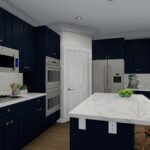 Plan 288-0171 Modern kitchen with navy cabinets and marble countertops