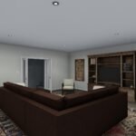 Plan 288-0171 living room with sectional sofa and built-in shelving